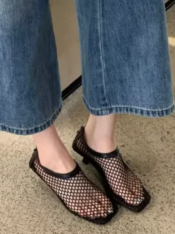 Black Kitten Heel Pumps Mesh Square Toe Pumps