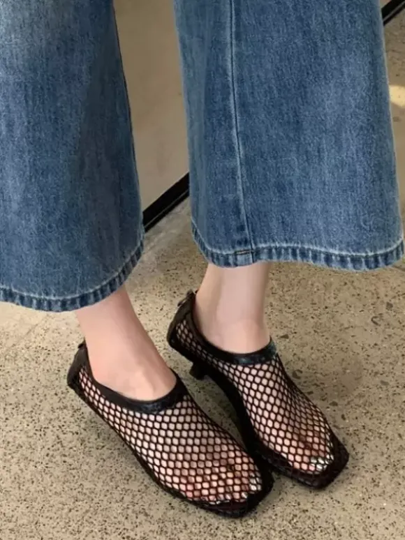 Black Kitten Heel Pumps Mesh Square Toe Pumps