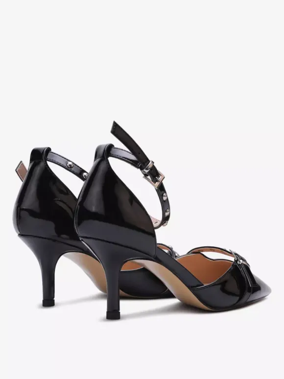 Black Kitten Heel Pumps Pointed Toe Beaded Buckle Detail Pumps
