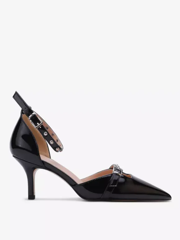 Black Kitten Heel Pumps Pointed Toe Beaded Buckle Detail Pumps
