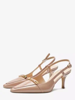 Black Kitten Heel Pumps Pointed Toe Buckle Detail Slingback Shoes