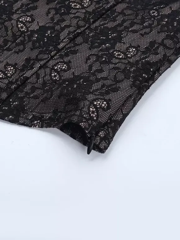 Black Lace Corset Style Crop Top For Women - Gothic Long Sleeve Sweetheart Bustier Blouse - Spring Night Out Party 2026