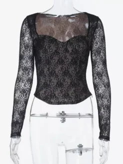 Black Lace Corset Style Crop Top For Women - Gothic Long Sleeve Sweetheart Bustier Blouse - Spring Night Out Party 2026