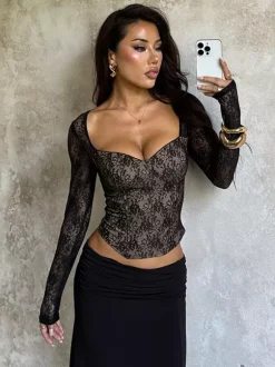 Black Lace Corset Style Crop Top For Women - Gothic Long Sleeve Sweetheart Bustier Blouse - Spring Night Out Party 2026