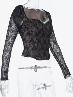 Black Lace Corset Style Crop Top For Women - Gothic Long Sleeve Sweetheart Bustier Blouse - Spring Night Out Party 2026