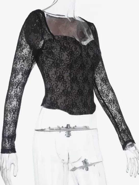 Black Lace Corset Style Crop Top For Women - Gothic Long Sleeve Sweetheart Bustier Blouse - Spring Night Out Party 2026