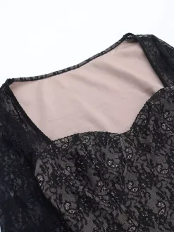 Black Lace Corset Style Crop Top For Women - Gothic Long Sleeve Sweetheart Bustier Blouse - Spring Night Out Party 2026