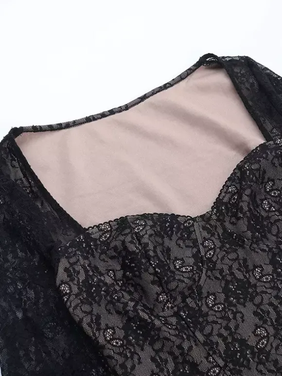 Black Lace Corset Style Crop Top For Women - Gothic Long Sleeve Sweetheart Bustier Blouse - Spring Night Out Party 2026