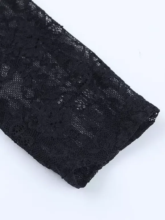Black Lace Corset Style Crop Top For Women - Gothic Long Sleeve Sweetheart Bustier Blouse - Spring Night Out Party 2026