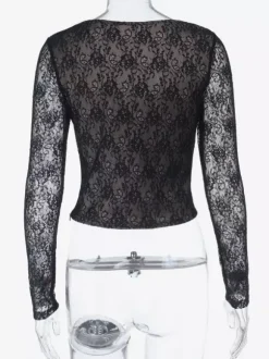 Black Lace Corset Style Crop Top For Women - Gothic Long Sleeve Sweetheart Bustier Blouse - Spring Night Out Party 2026