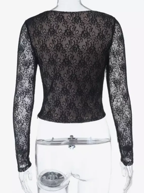 Black Lace Corset Style Crop Top For Women - Gothic Long Sleeve Sweetheart Bustier Blouse - Spring Night Out Party 2026