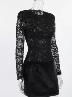 Black Lace Faux Fur Women Mini Dress - Sexy Long Sleeve Sheer Top - Goth Aesthetic Spring Night Out Cocktail Party 2026