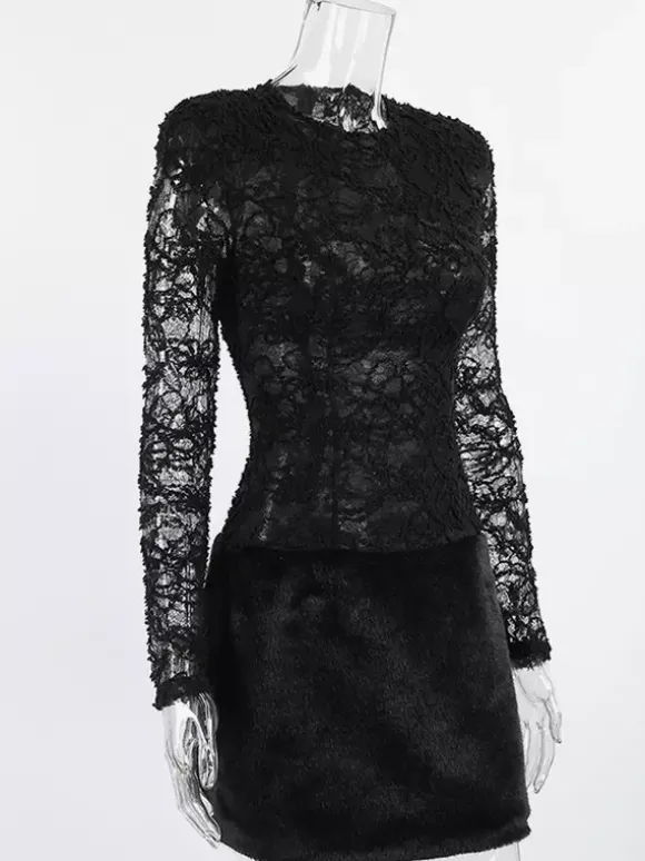Black Lace Faux Fur Women Mini Dress - Sexy Long Sleeve Sheer Top - Goth Aesthetic Spring Night Out Cocktail Party 2026