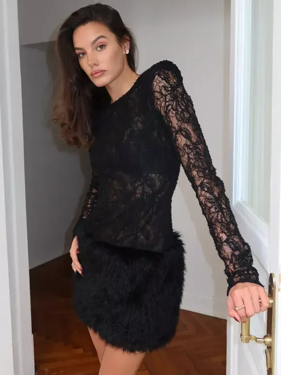 Black Lace Faux Fur Women Mini Dress - Sexy Long Sleeve Sheer Top - Goth Aesthetic Spring Night Out Cocktail Party 2026