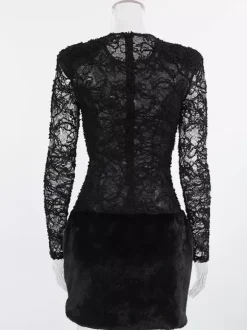 Black Lace Faux Fur Women Mini Dress - Sexy Long Sleeve Sheer Top - Goth Aesthetic Spring Night Out Cocktail Party 2026