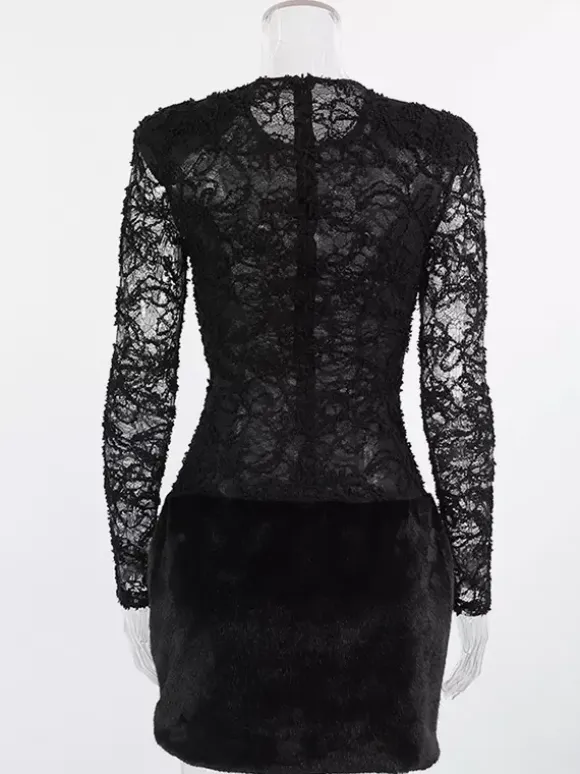 Black Lace Faux Fur Women Mini Dress - Sexy Long Sleeve Sheer Top - Goth Aesthetic Spring Night Out Cocktail Party 2026