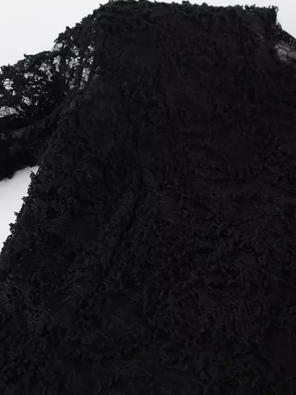 Black Lace Faux Fur Women Mini Dress - Sexy Long Sleeve Sheer Top - Goth Aesthetic Spring Night Out Cocktail Party 2026