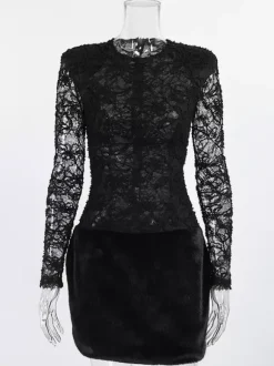 Black Lace Faux Fur Women Mini Dress - Sexy Long Sleeve Sheer Top - Goth Aesthetic Spring Night Out Cocktail Party 2026