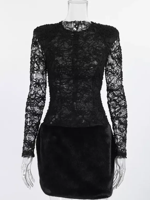 Black Lace Faux Fur Women Mini Dress - Sexy Long Sleeve Sheer Top - Goth Aesthetic Spring Night Out Cocktail Party 2026