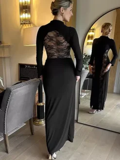 Black Lace Panel Bodycon Maxi Dress With Mock Neck For Women 2026