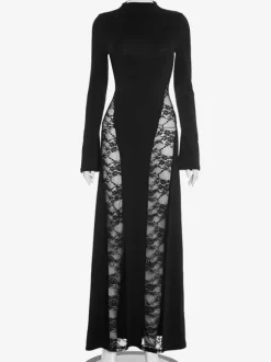 Black Lace Panel Bodycon Maxi Dress With Mock Neck For Women 2026