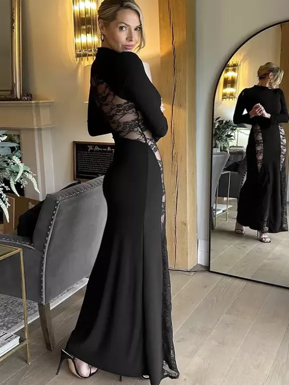 Black Lace Panel Bodycon Maxi Dress With Mock Neck For Women 2026