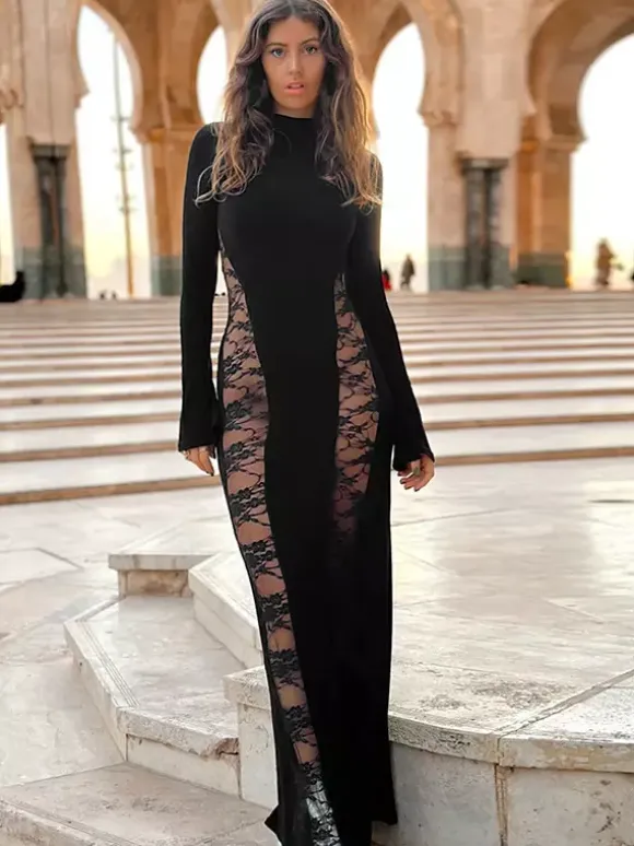 Black Lace Panel Bodycon Maxi Dress With Mock Neck For Women 2026