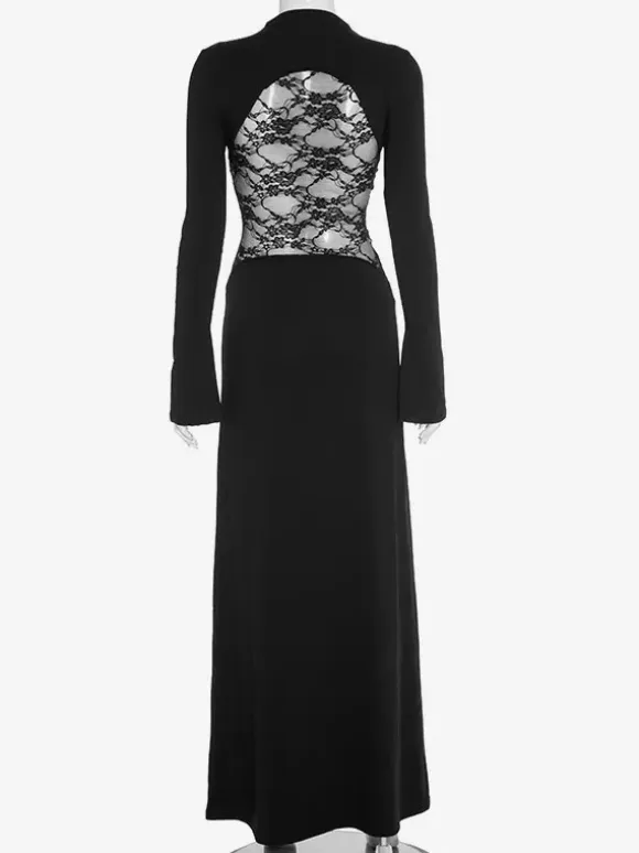 Black Lace Panel Bodycon Maxi Dress With Mock Neck For Women 2026