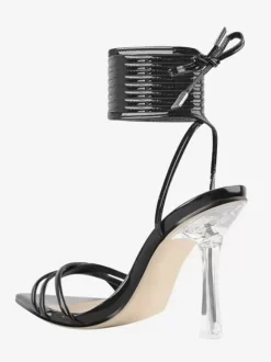Black Lace Up Sandals High Heel Open Toe Dress Shoes