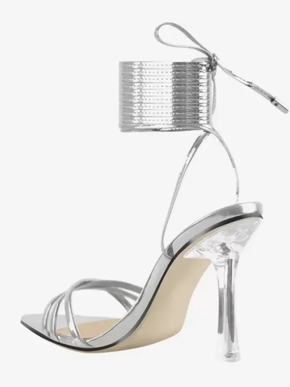 Black Lace Up Sandals High Heel Open Toe Dress Shoes