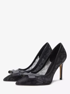 Black Lace Wedding Shoes Pointed Toe Bow Slip On Dress Shoes