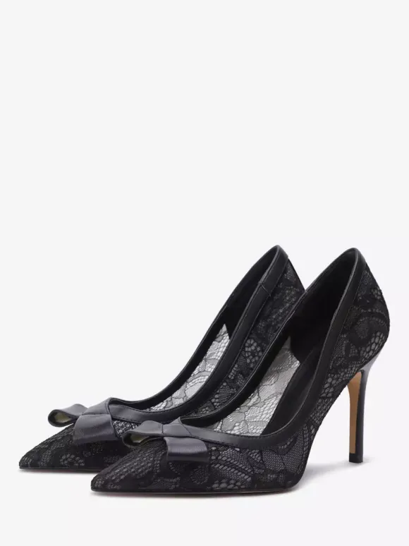 Black Lace Wedding Shoes Pointed Toe Bow Slip On Dress Shoes