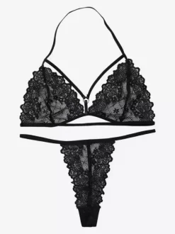 Black Lingerie 2-Piece Sexy Lace Embroidery Underwear Halter Neck Bra Thong Set
