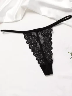 Black Lingerie 2-Piece Sexy Lace Embroidery Underwear Halter Neck Bra Thong Set