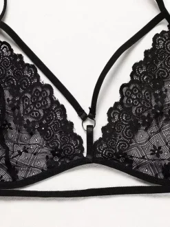 Black Lingerie 2-Piece Sexy Lace Embroidery Underwear Halter Neck Bra Thong Set
