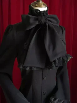 Black Lolita Blouse Bow Slim Fit Cotton Blouse for Women