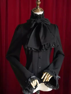 Black Lolita Blouse Bow Slim Fit Cotton Blouse for Women