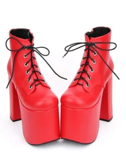 Black Lolita Booties Chunky Heel Platform Round Toe Lace Up Lolita Short Boots