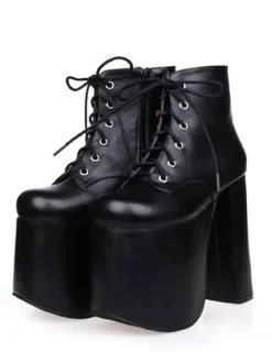 Black Lolita Booties Chunky Heel Platform Round Toe Lace Up Lolita Short Boots