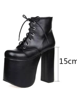 Black Lolita Booties Chunky Heel Platform Round Toe Lace Up Lolita Short Boots