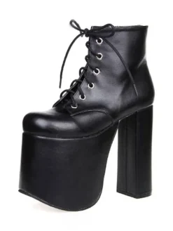 Black Lolita Booties Chunky Heel Platform Round Toe Lace Up Lolita Short Boots