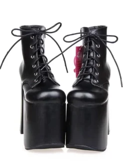 Black Lolita Booties Chunky Heel Platform Round Toe Lace Up Lolita Short Boots