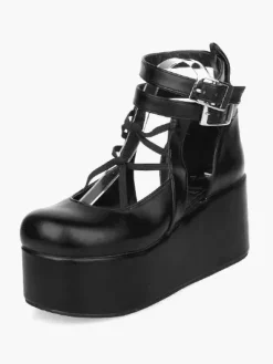 Black Lolita High Platform Shoes Ankle Straps Leather
