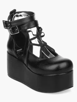 Black Lolita High Platform Shoes Ankle Straps Leather