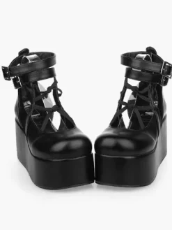 Black Lolita High Platform Shoes Ankle Straps Leather