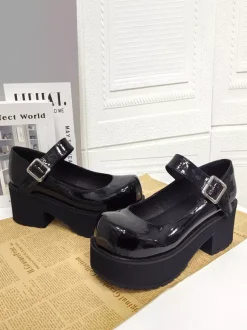 Black Lolita Pumps Chunky Harajuku Fashion Round Toe PU Leather Platform Lolita Shoes