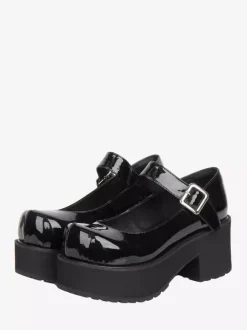 Black Lolita Pumps Chunky Harajuku Fashion Round Toe PU Leather Platform Lolita Shoes