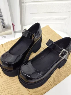 Black Lolita Pumps Chunky Harajuku Fashion Round Toe PU Leather Platform Lolita Shoes