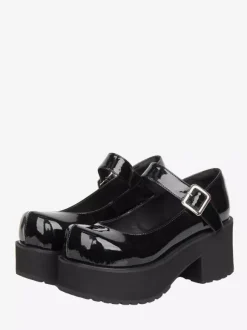 Black Lolita Pumps Chunky Harajuku Fashion Round Toe PU Leather Platform Lolita Shoes