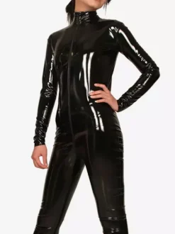 Black Long Sleeves Shiny Metallic fabric Catsuit Front Zipper Unisex Body Suit